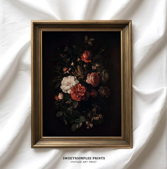 Moody Flower Wall Art Vintage Dark Floral Oil Painting Victorian Farmhouse Dcor Antique Artwork