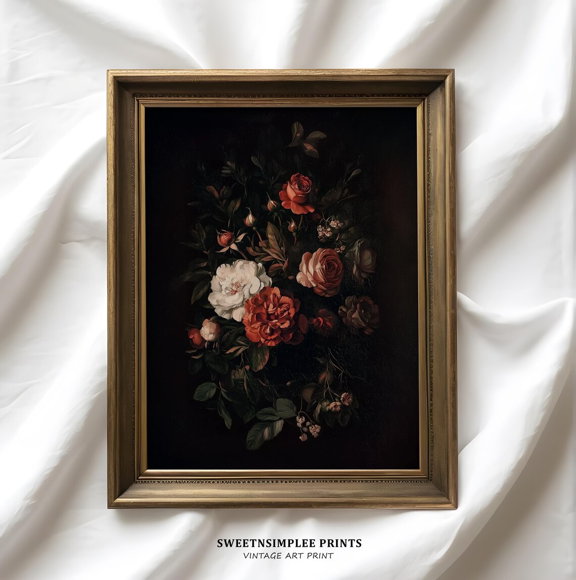 Moody Dark Floral Oil Painting Roses Black Victorian Vintage Wall Art