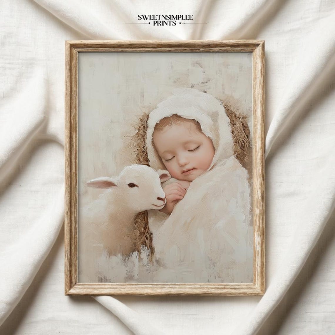 Sleeping Baby with Lamb Poster Soft Neutral Nativity Nursery Decor - Image 2