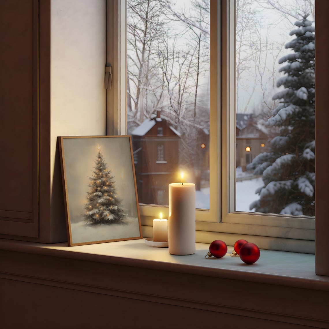 Snowy Christmas Tree With Glowing Lights Neutral Winter Poster - Image 3