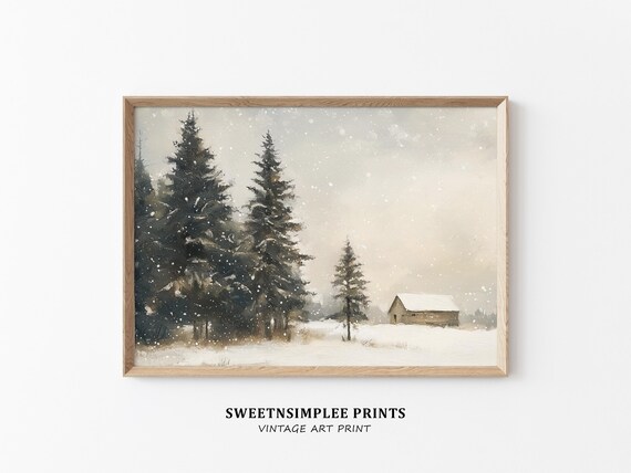 Snowy Forest Pines And Rustic Cabin Winter Landscape Vintage Poster