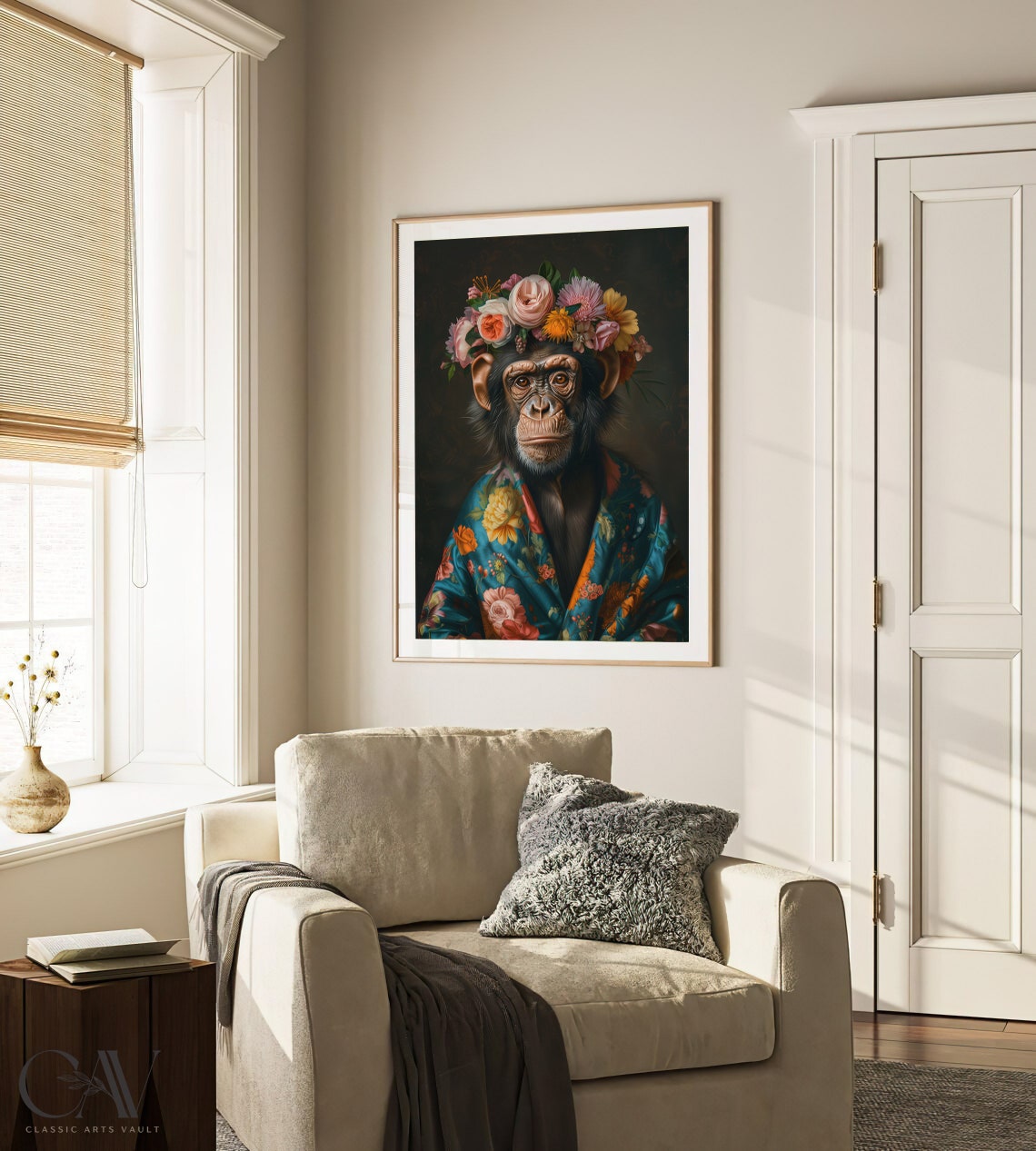 Chimpanzee with Flower Crown Floral Robe Dark Portrait Poster - Image 3
