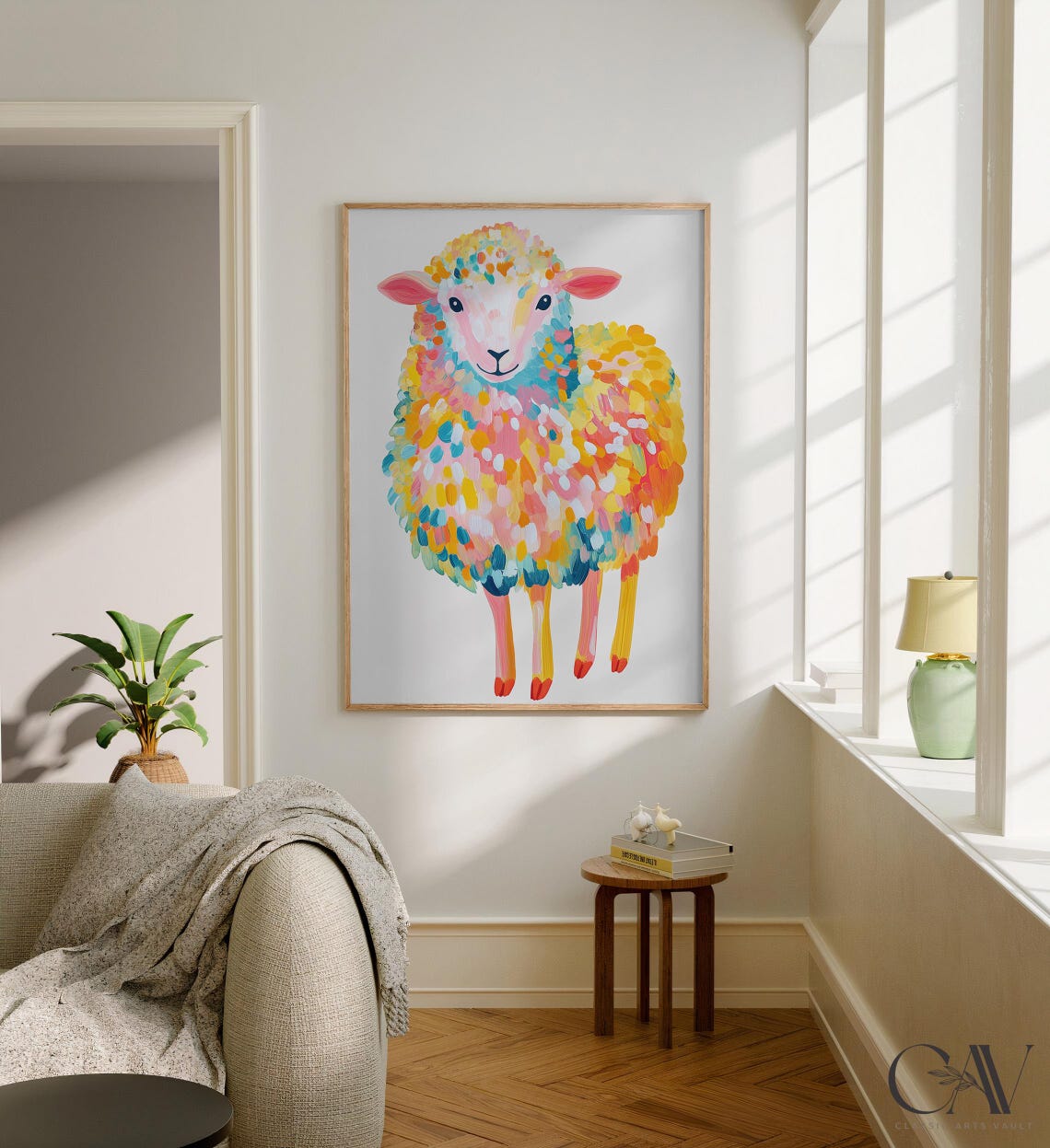 Rainbow Pastel Sheep Painting in Multicolor Wool Nursery Poster