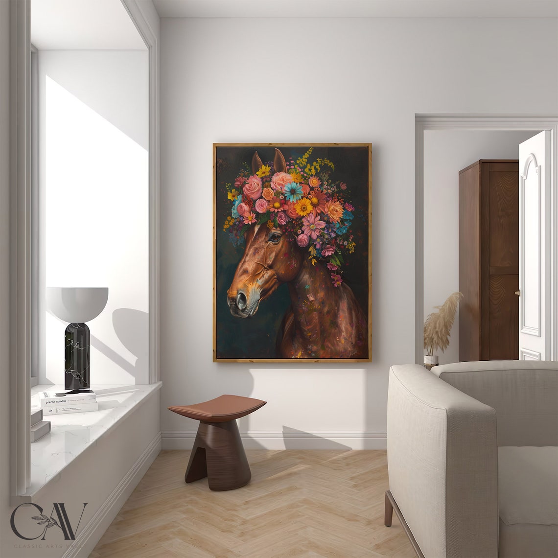 Chestnut Horse Portrait Wearing Colorful Flower Crown Poster