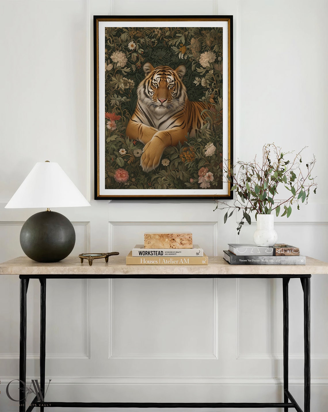 Tiger Reclining Dark Floral Botanical Vintage Jungle Art Poster - Image 3