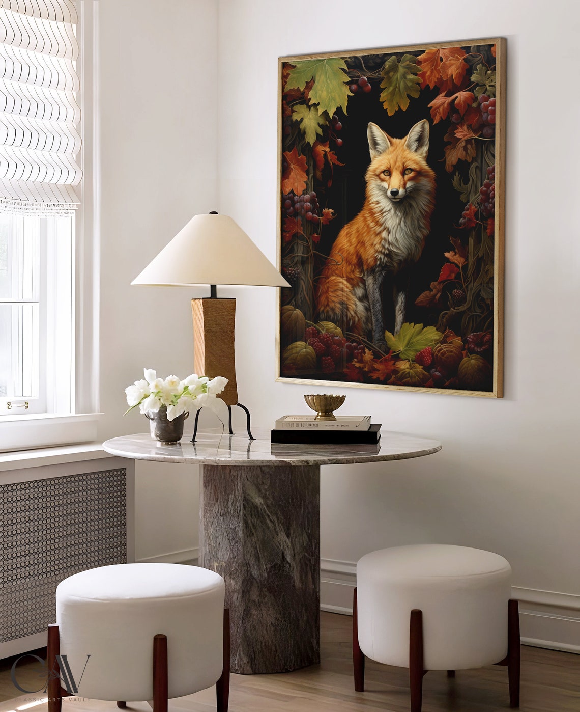 Red Fox Seated Among Autumn Leaves and Berries in Gold Frame Poster - Image 3