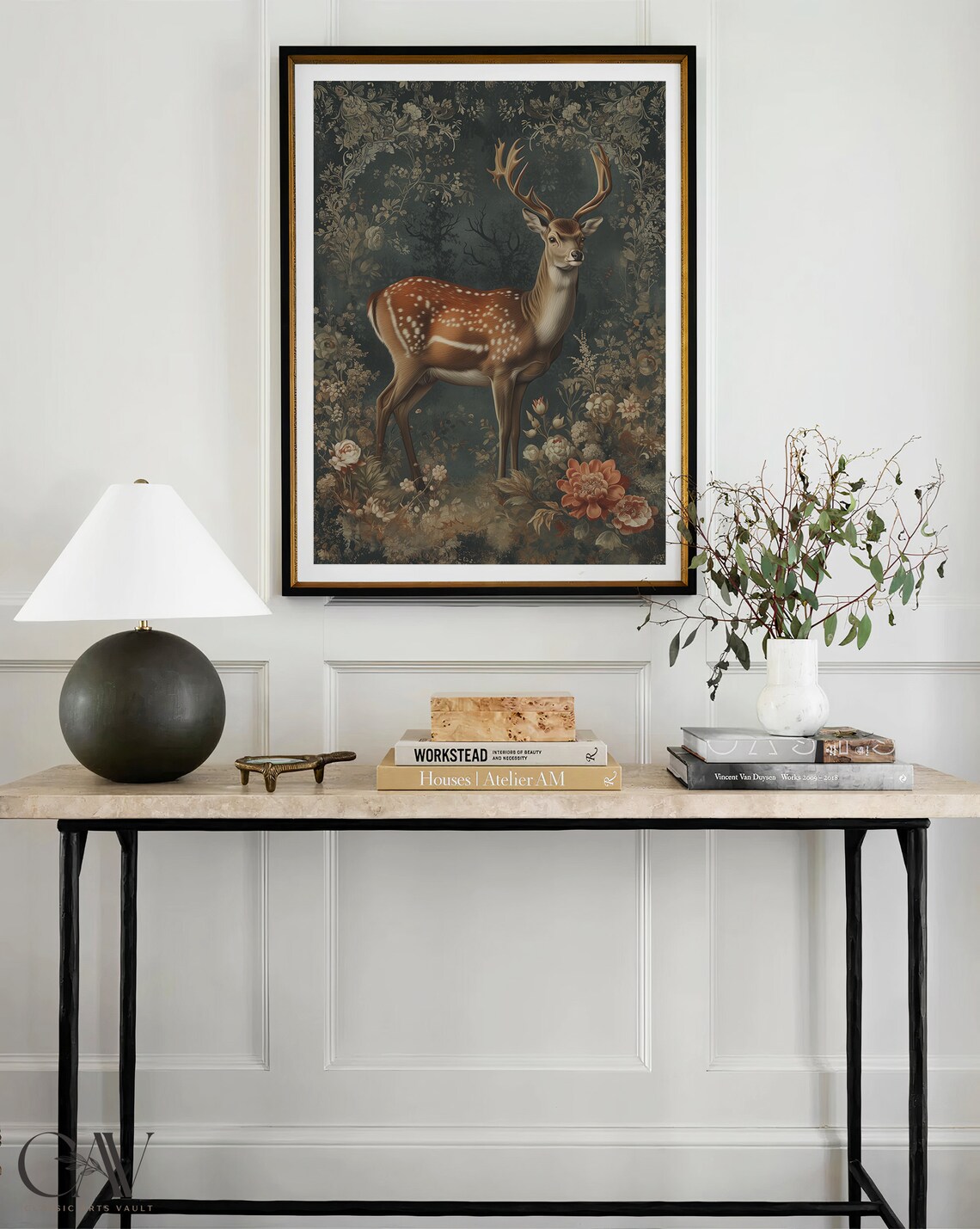 Spotted Stag With Antlers Standing Among Peonies Dark Floral Poster - Image 4