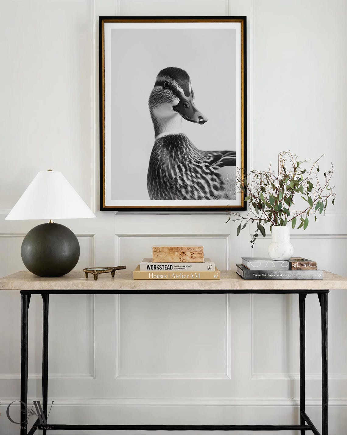 Mallard Duck Front View Black and White Animal Photography Wall Art - Image 3