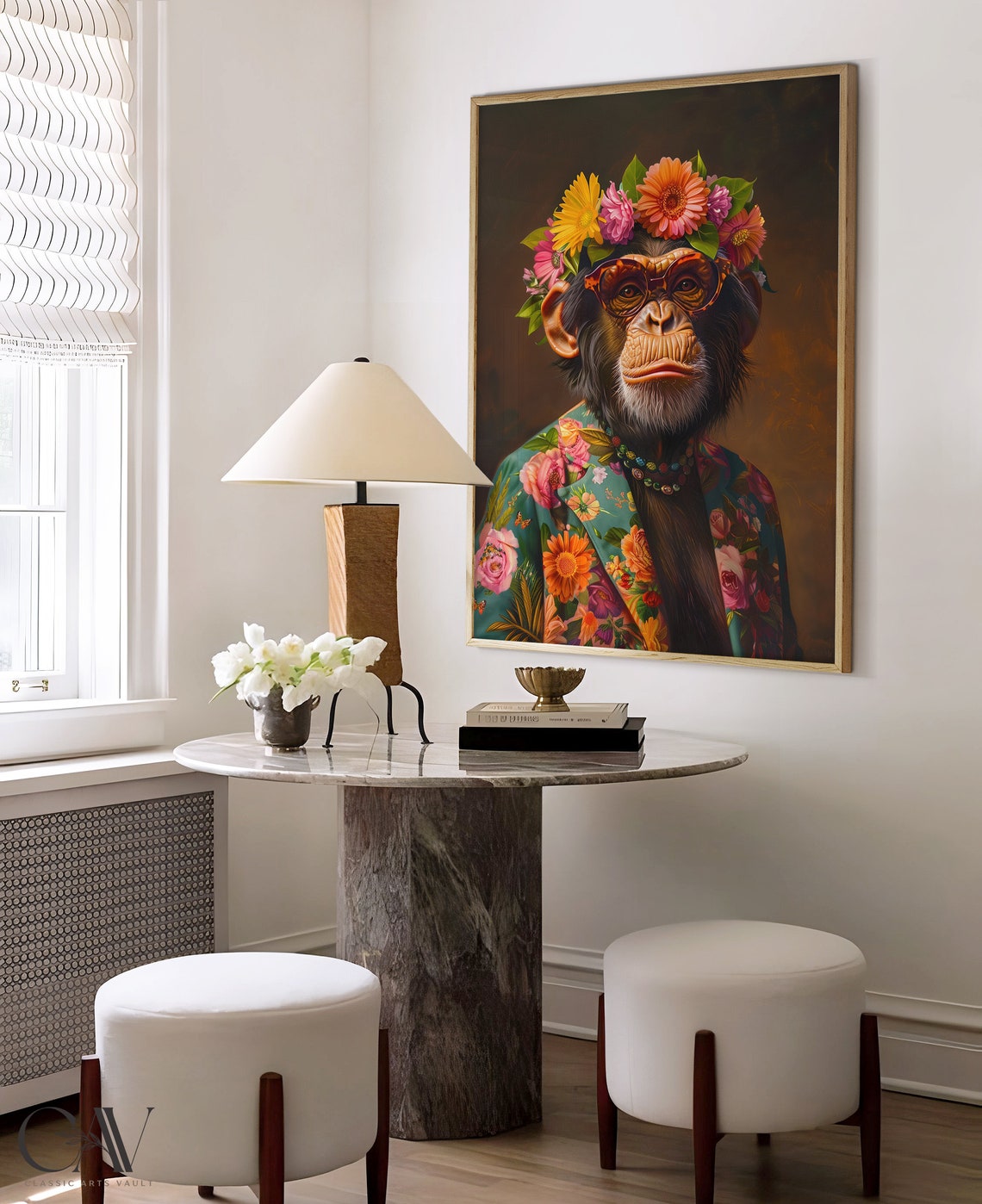 Chimpanzee in Heart Sunglasses Flower Crown and Floral Blazer Poster - Image 4