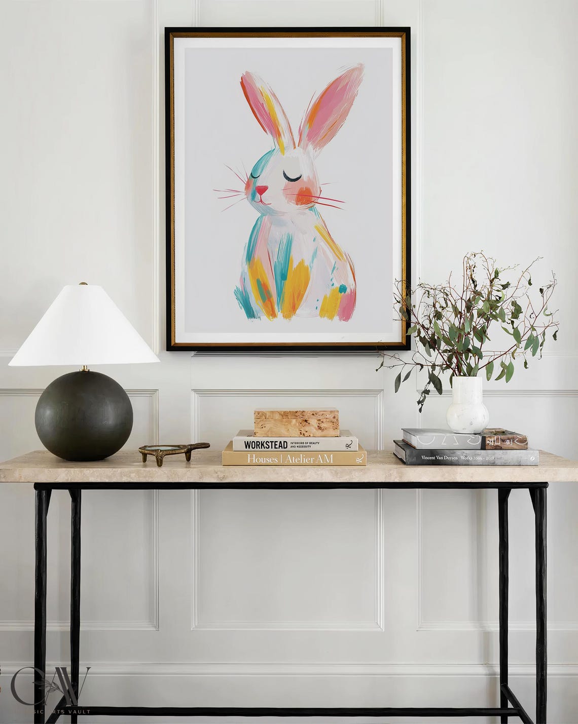 White Bunny Pastel Watercolor Sleeping Rabbit Nursery Wall Art - Image 4