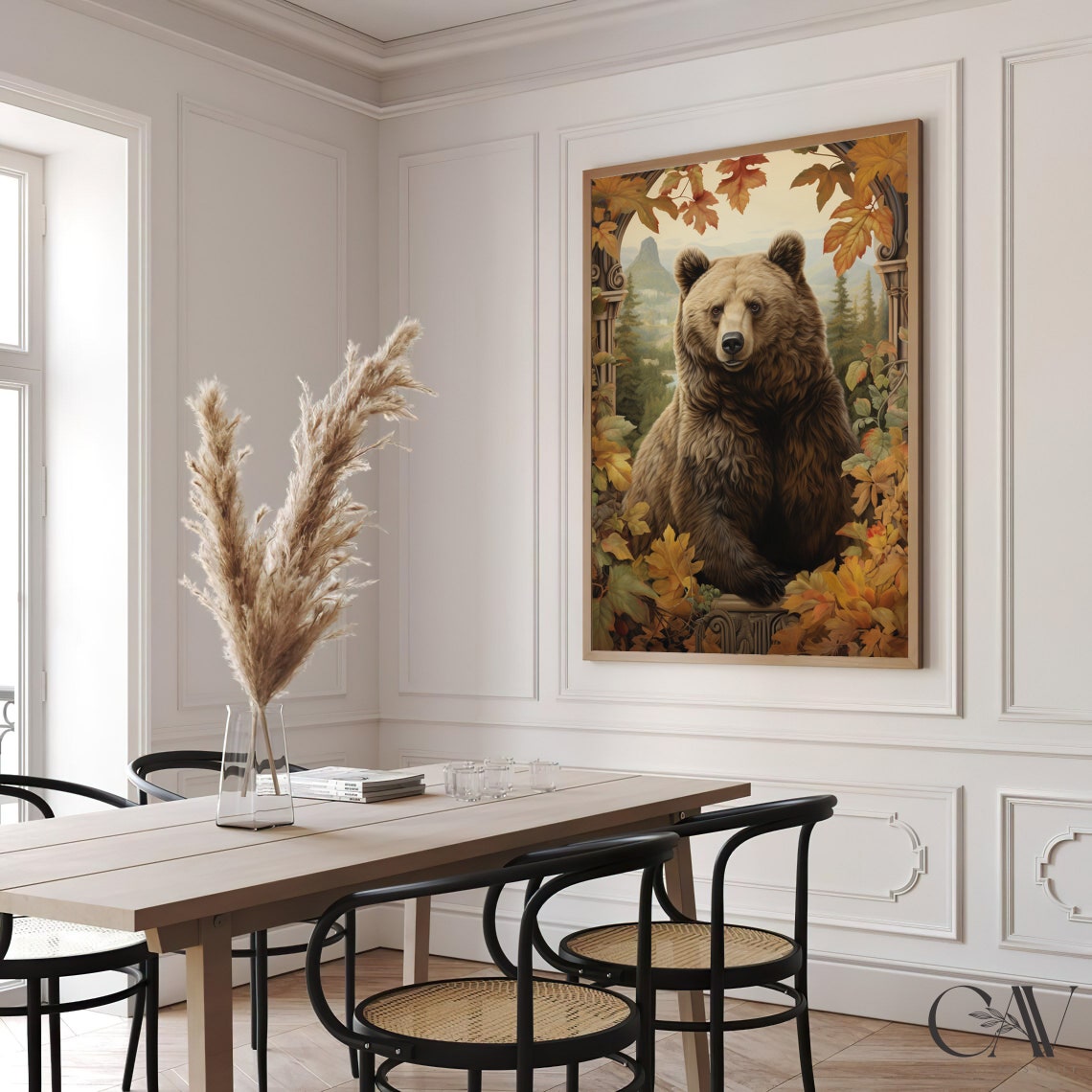 Brown Bear On Stone Balcony With Mountain Forest View Poster - Image 2