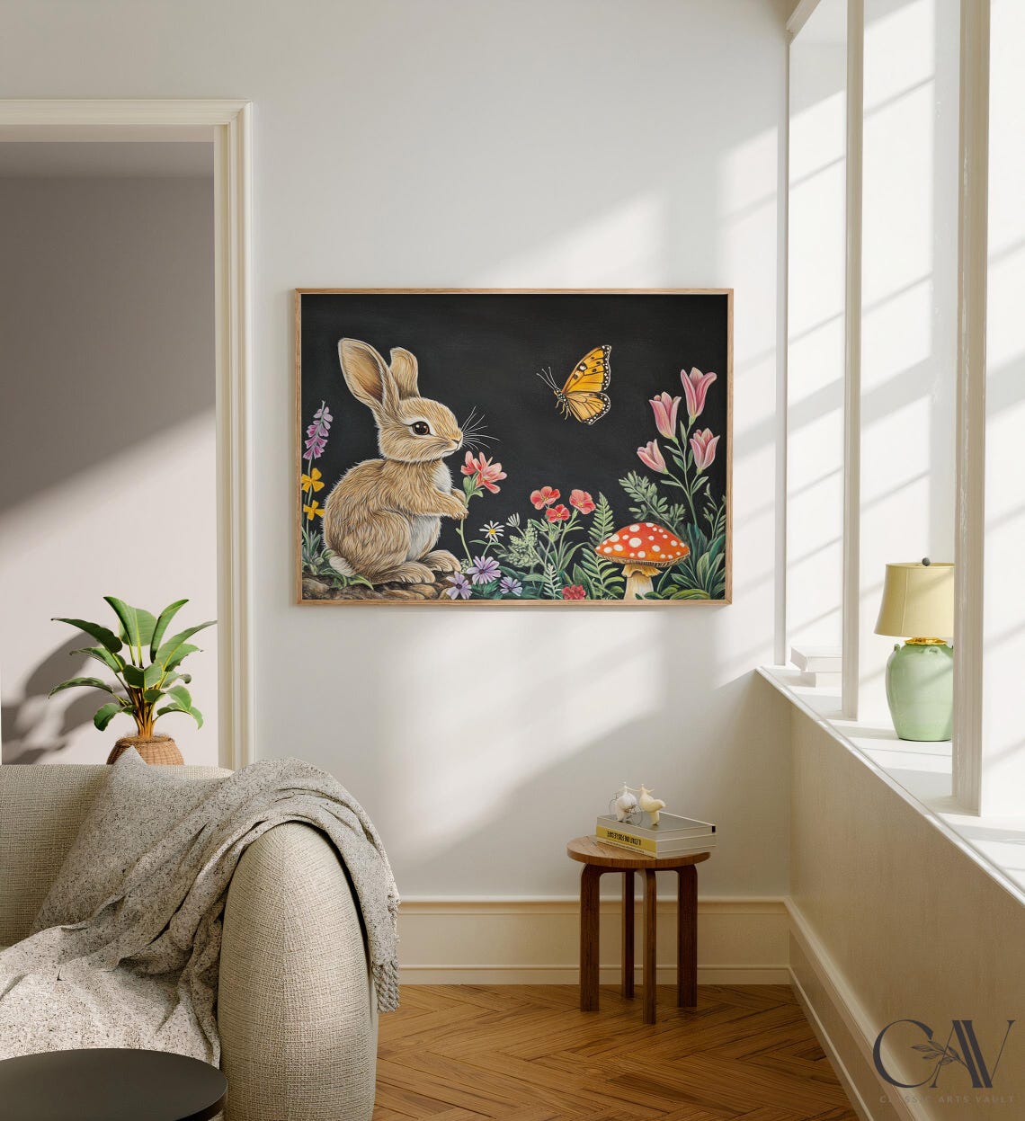 Bunny Rabbit with Butterfly Woodland Flowers Black Background Poster - Image 3