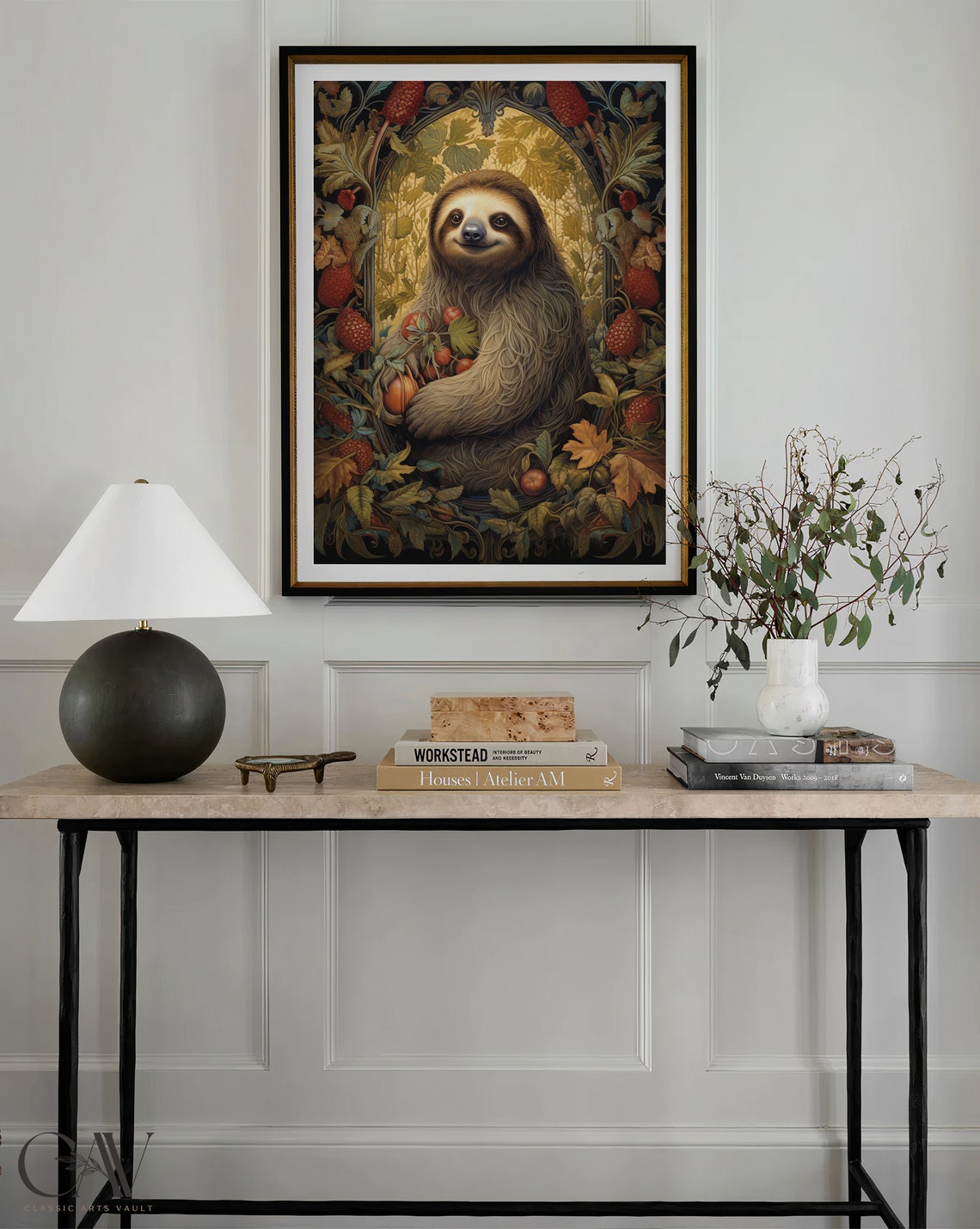 Sweet Smiling Sloth Among Autumn Berries Vintage Botanical Poster - Image 4