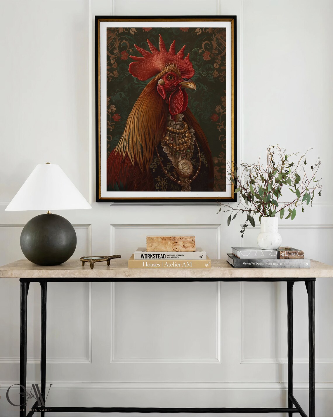 Rooster Royal Renaissance Portrait Pearl Necklace Brocade Wall Art - Image 4