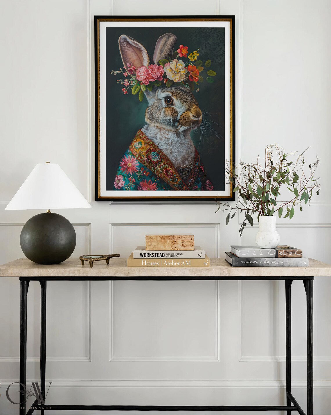 Rabbit Flower Crown Maximalist Floral Brocade Animal Wall Art - Image 3