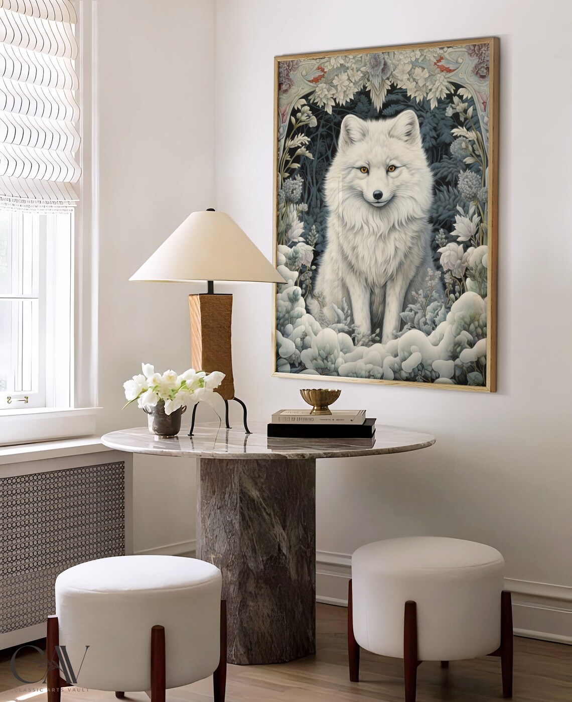William Morris Inspired Arctic Fox Winter Art Print - Image 3