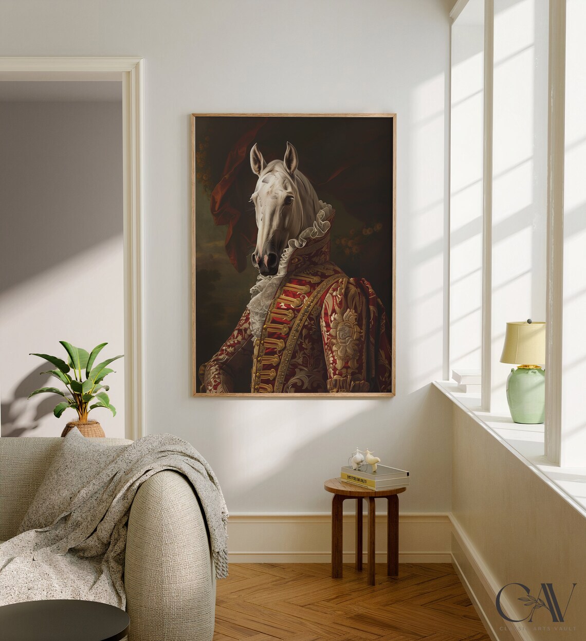 White Horse in Red Baroque Court Coat with Lace Ruff Portrait Poster - Image 3