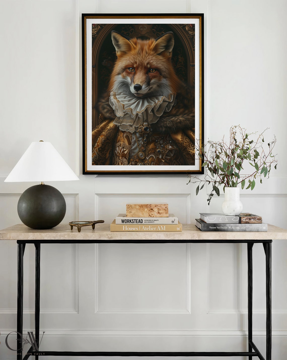 Red Fox Royal Renaissance Portrait Gold Brocade Ruff Wall Art - Image 3