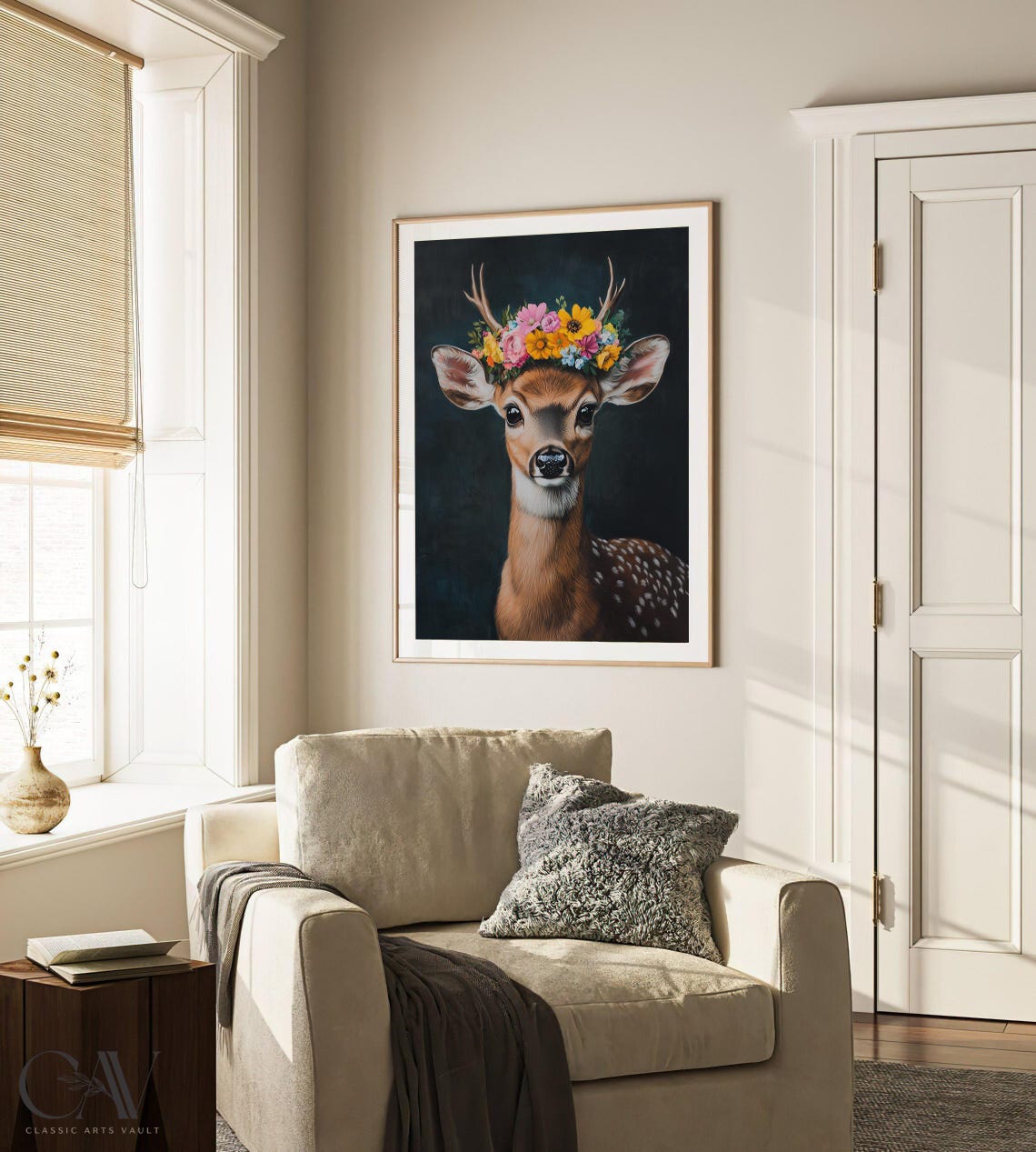 Sweet Young Deer Fawn With Flower Crown Dark Portrait Poster - Image 3