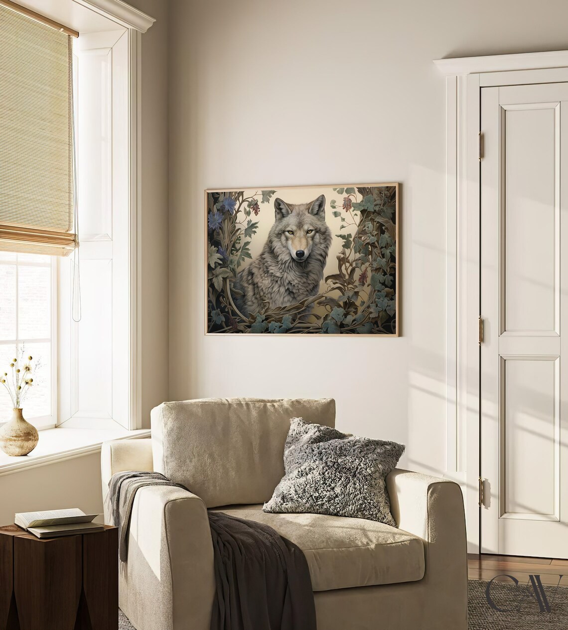 Gray Wolf Framed by Botanical Vines and Flowers Dark Wildlife Art Poster - Image 3