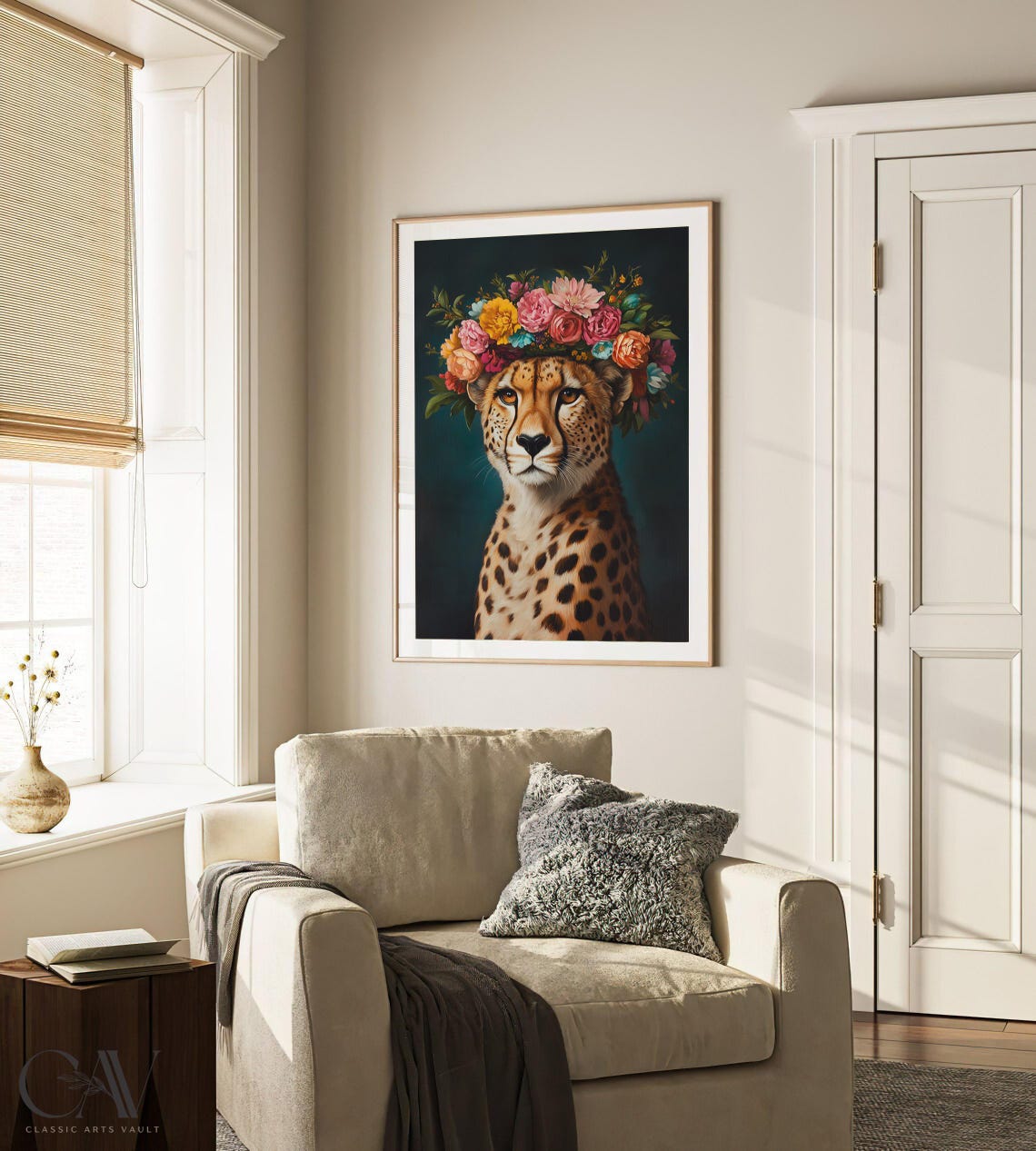 Cheetah Portrait With Vibrant Flower Crown on Deep Teal Art Poster - Image 3