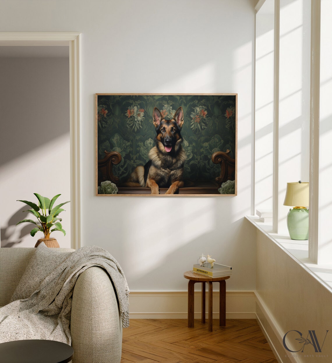 German Shepherd Lying Down On Dark Floral Bench Portrait Poster - Image 2