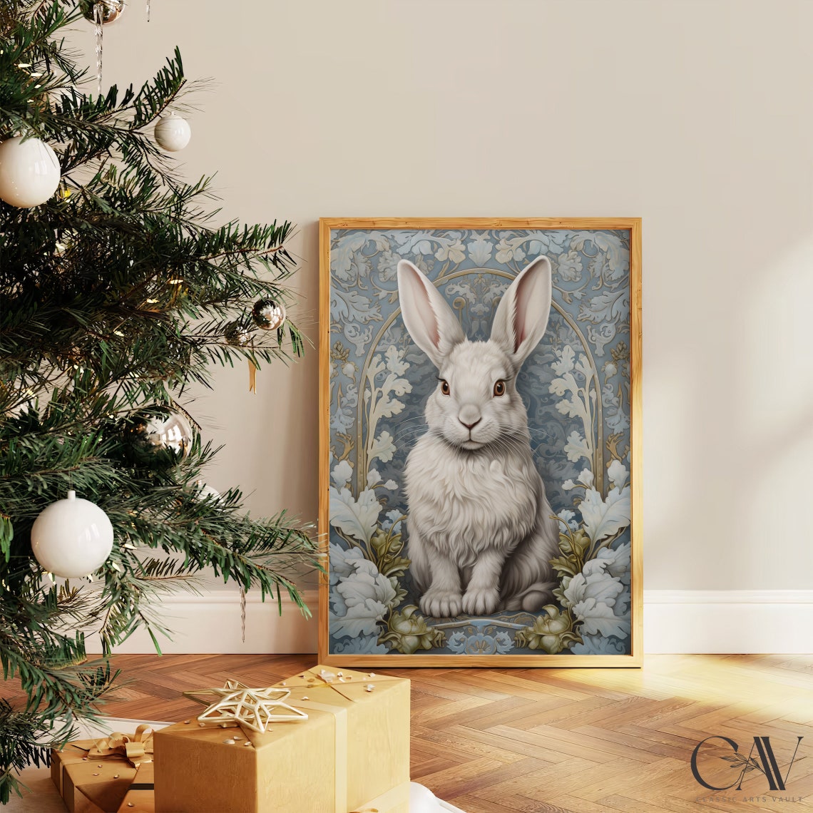 White Rabbit in a Blue Floral Garden Morris Inspired Wall Art - Image 3