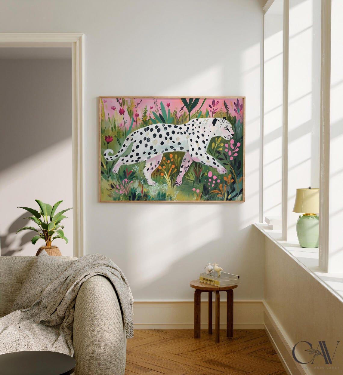 White Cheetah with Black Spots in Pink Flowering Jungle Poster - Image 3