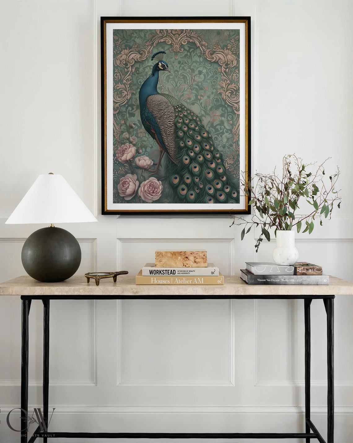 Peacock with Full Tail on Green Damask and Pink Roses Poster - Image 4