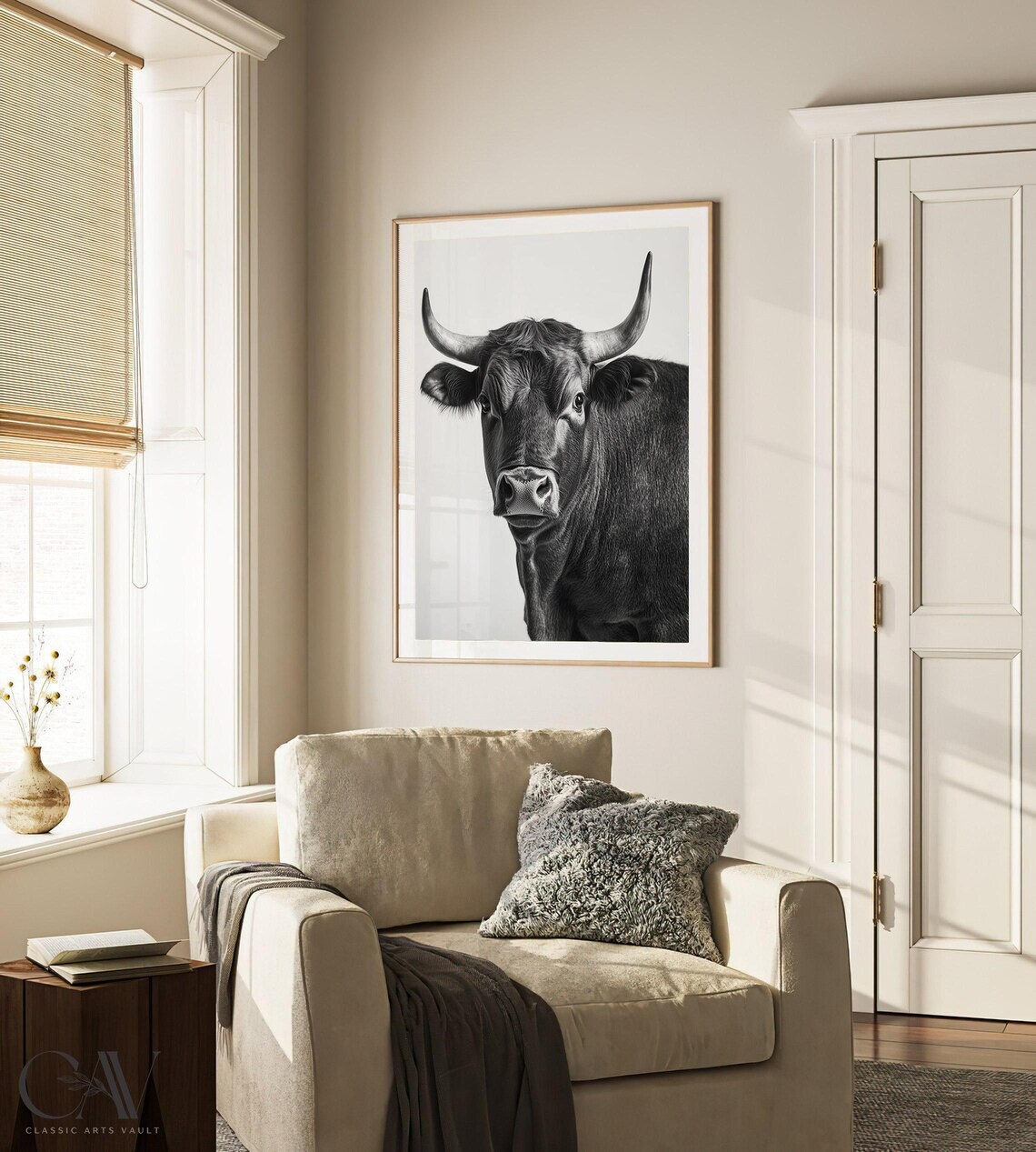 Black and White Bull With Long Horns Portrait Photography Poster - Image 3