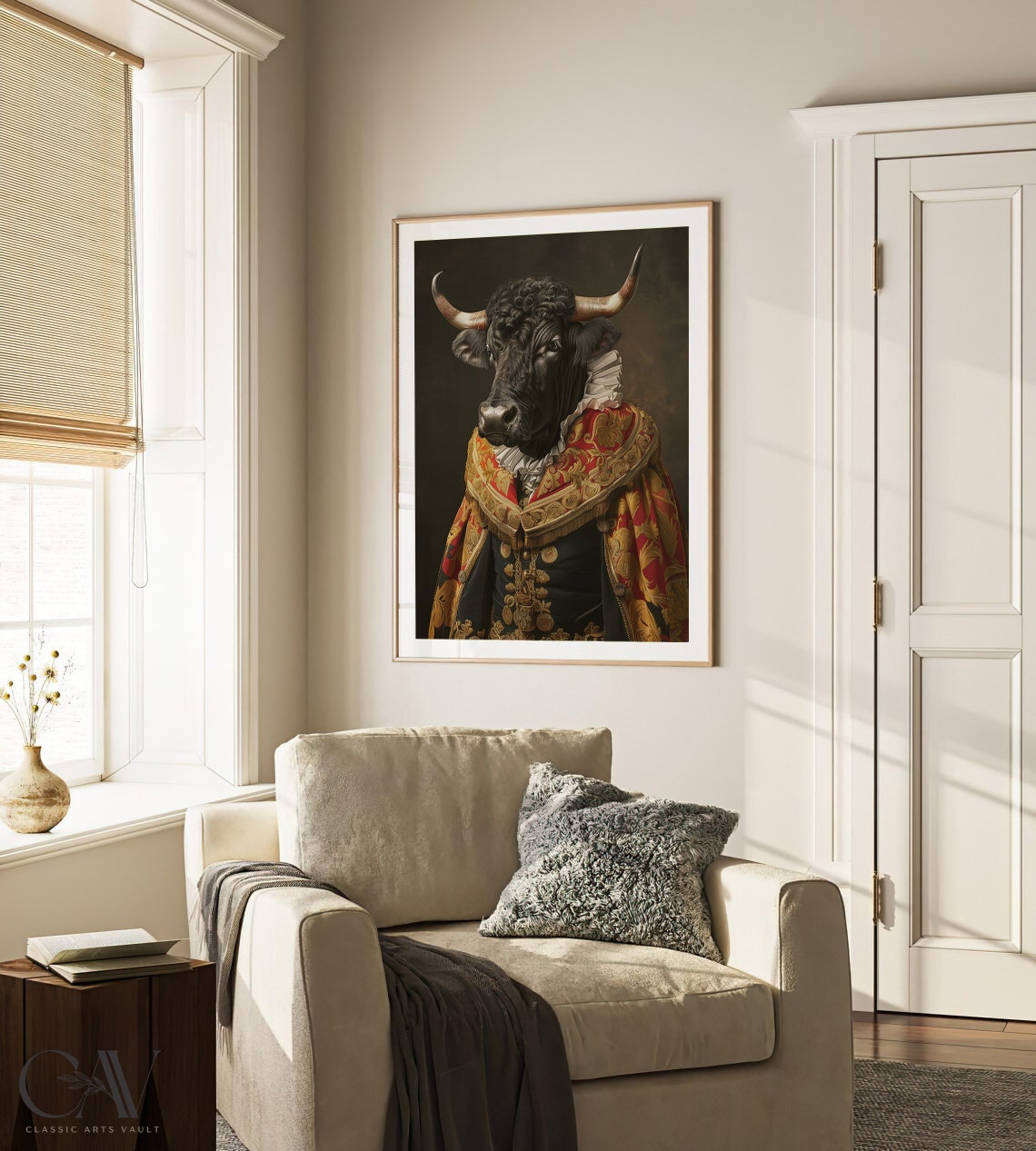 Black Bull in a Red Royal Cape Renaissance Portrait Wall Art - Image 2