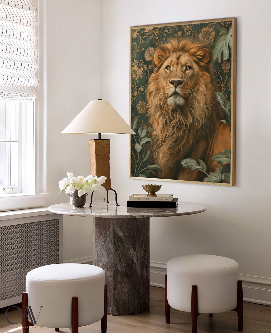 Majestic Lion with Golden Mane Dark Green Floral Wallpaper Poster - Image 4