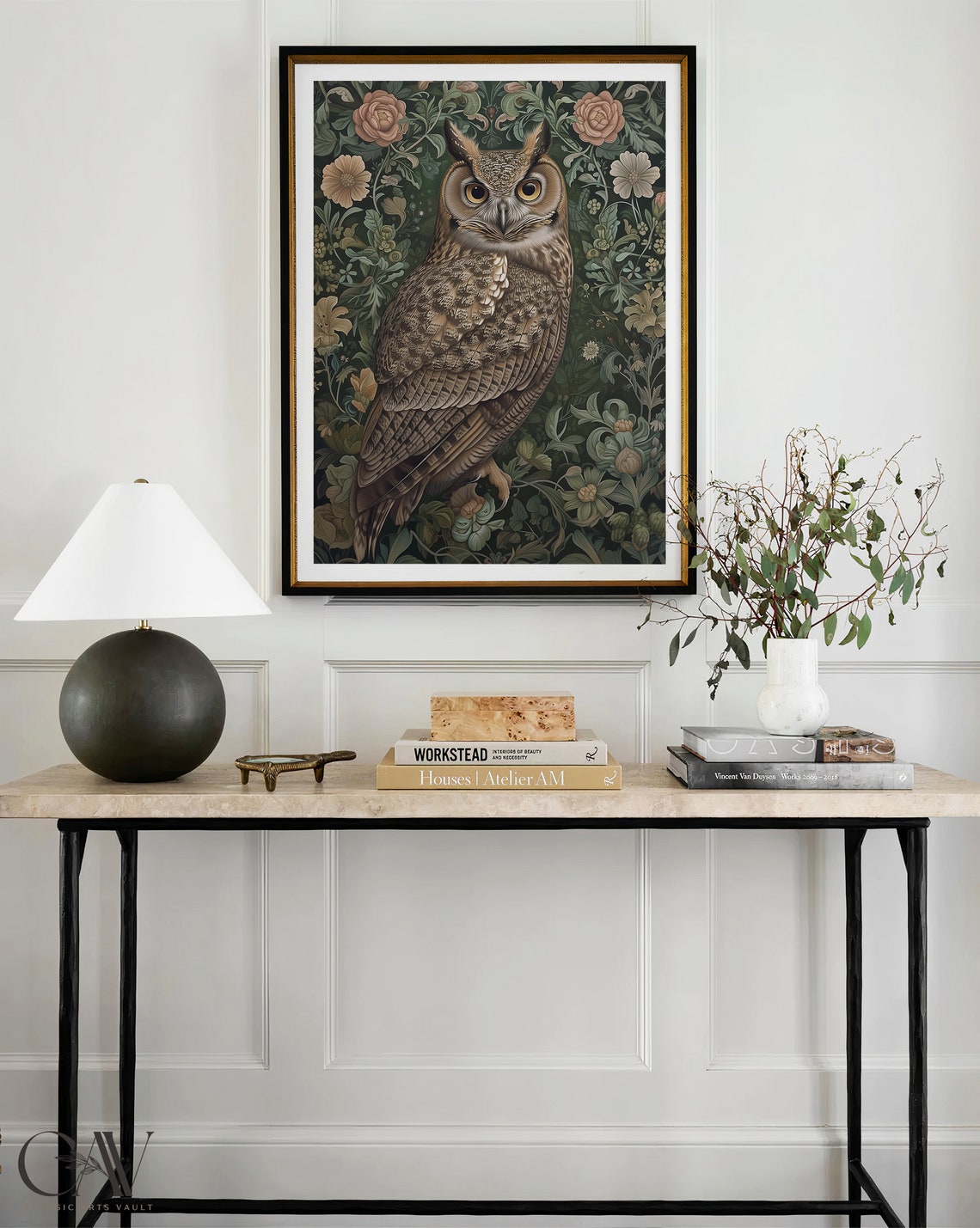 Great Horned Owl Front Portrait on Dark Floral Damask Art Poster - Image 4