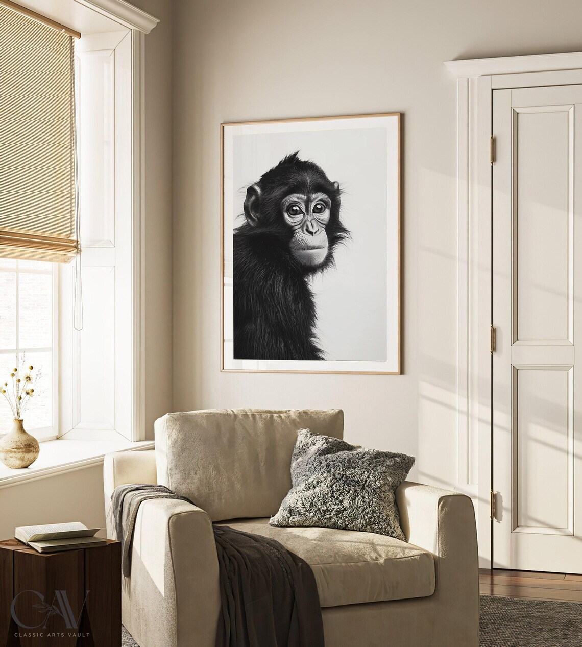 Baby Chimpanzee Black and White Portrait Animal Photography Wall Art - Image 3