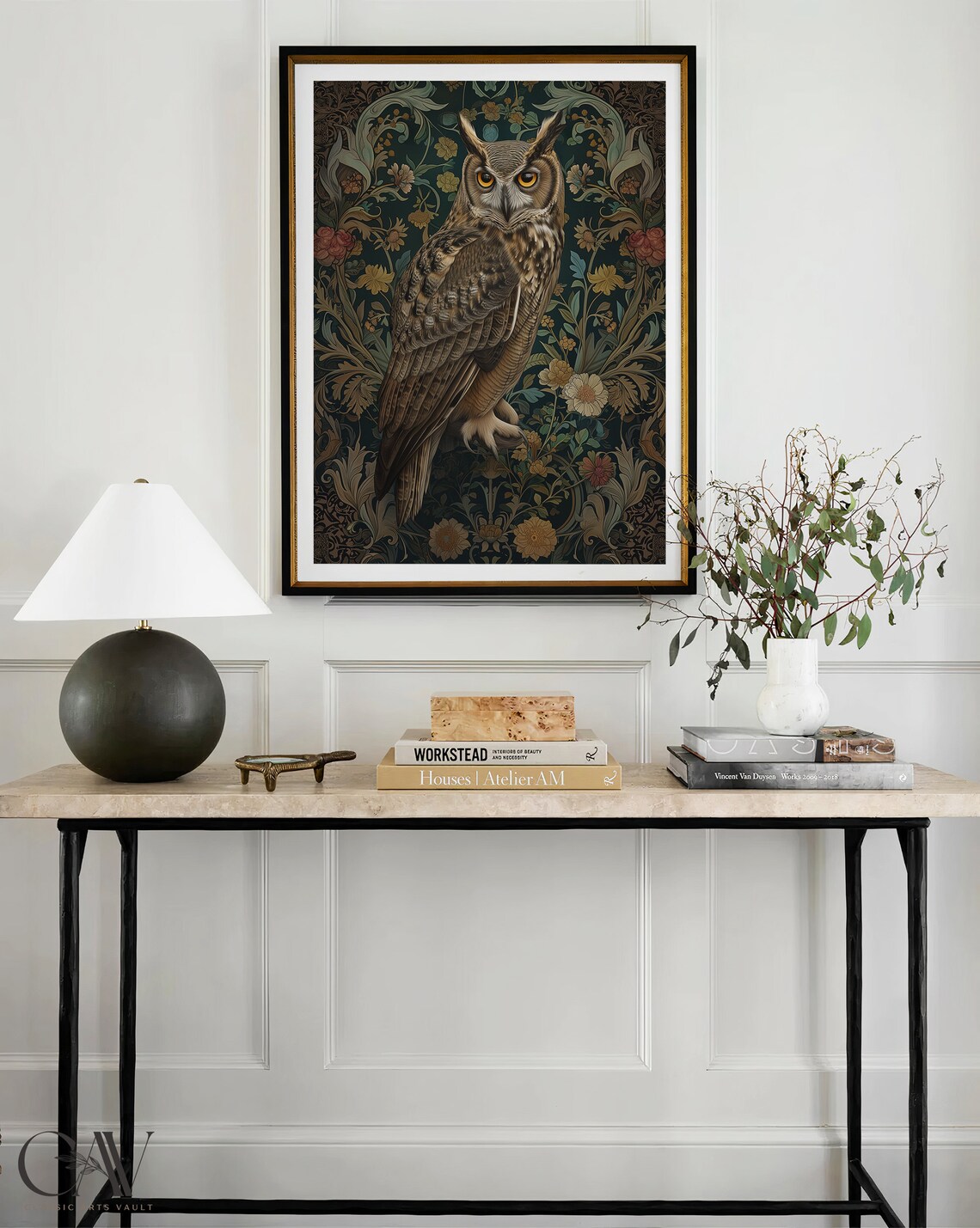 Great Horned Owl Perched Among Dark Vintage Floral Tapestry Poster - Image 3
