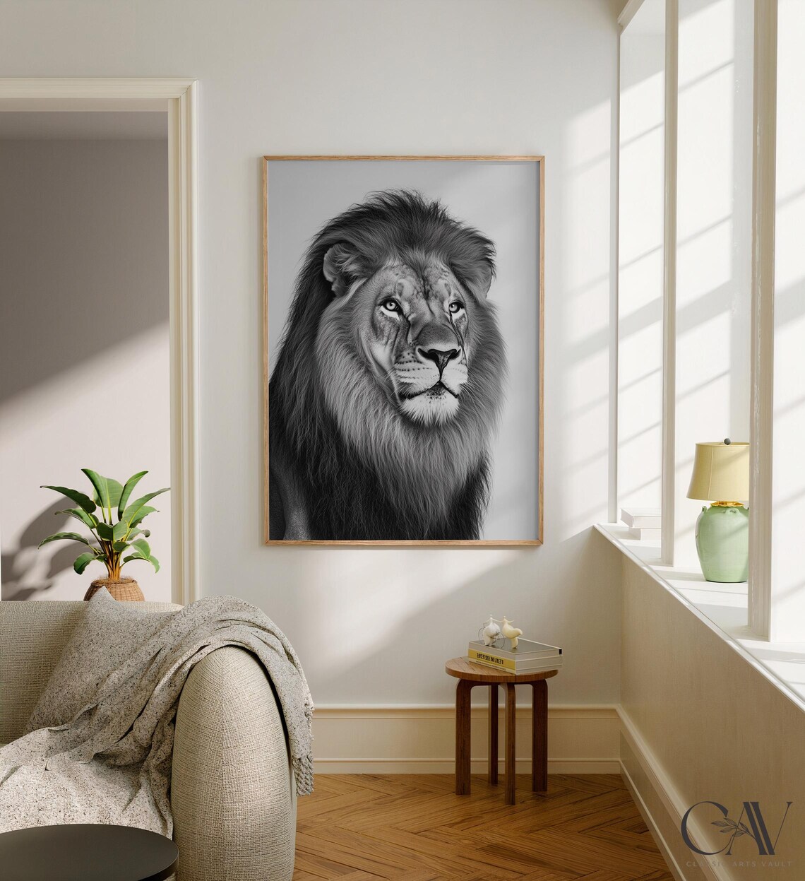 Male Lion With Full Mane Black and White Portrait Animal Wall Art - Image 2