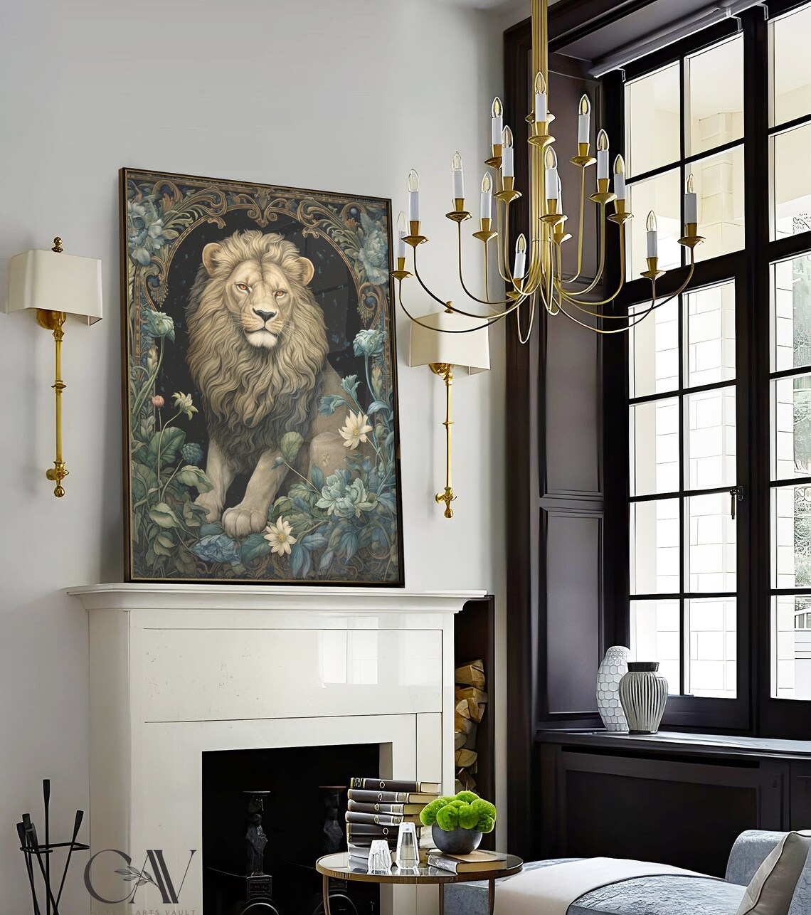 Majestic Lion Amid Dark Floral Foliage Vintage Botanical Wildlife Poster - Image 2