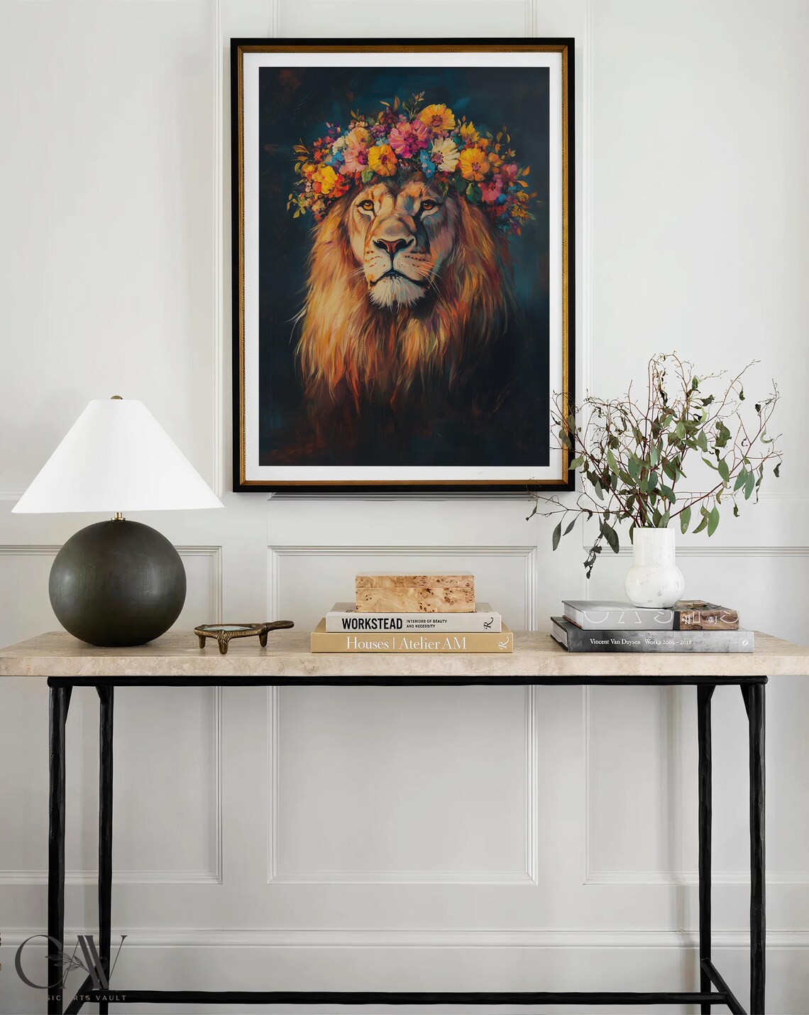 Lion Wearing Bright Floral Crown on Dark Background Art Poster - Image 4