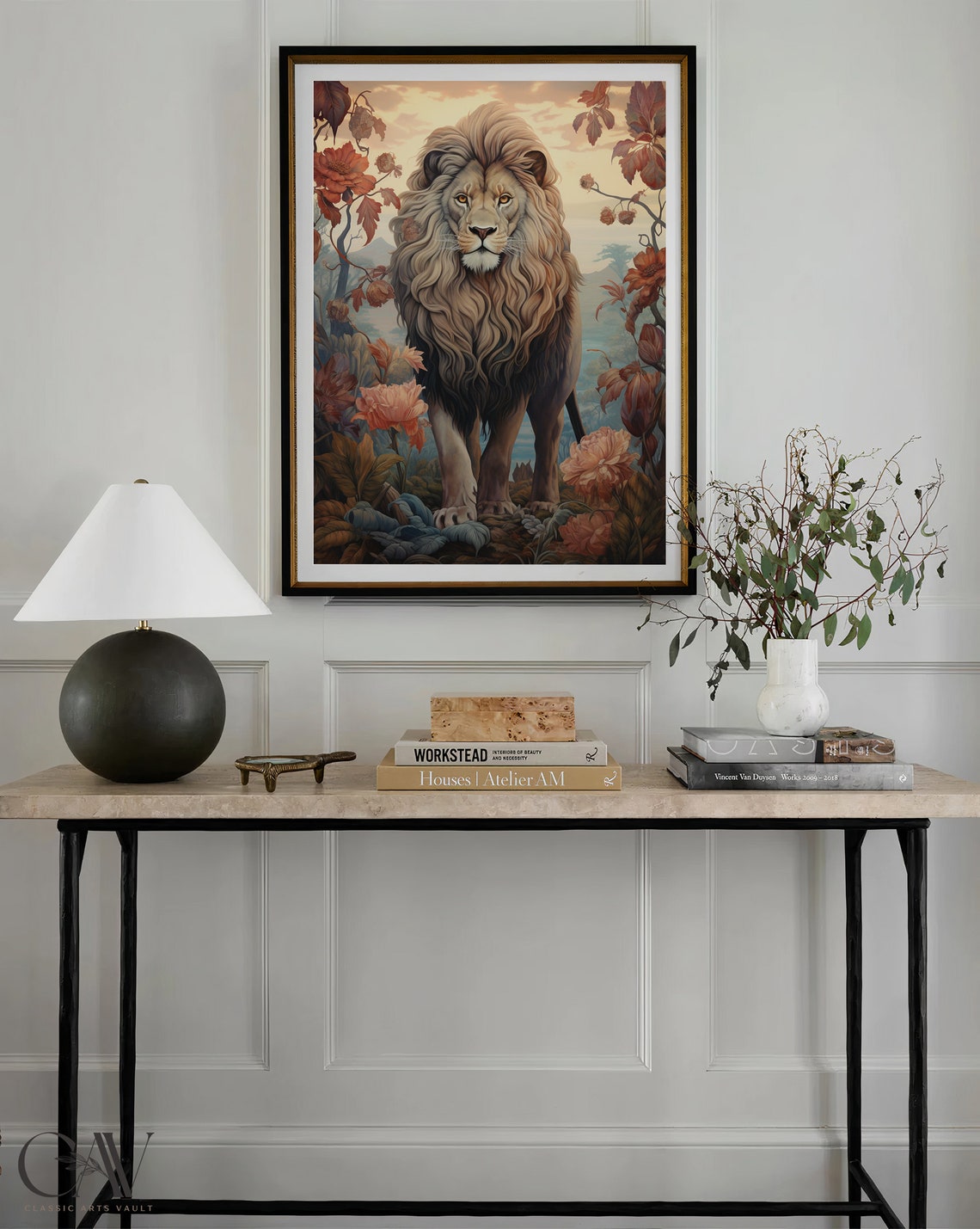 Majestic Lion Standing in Autumn Foliage Golden Framed Poster - Image 3