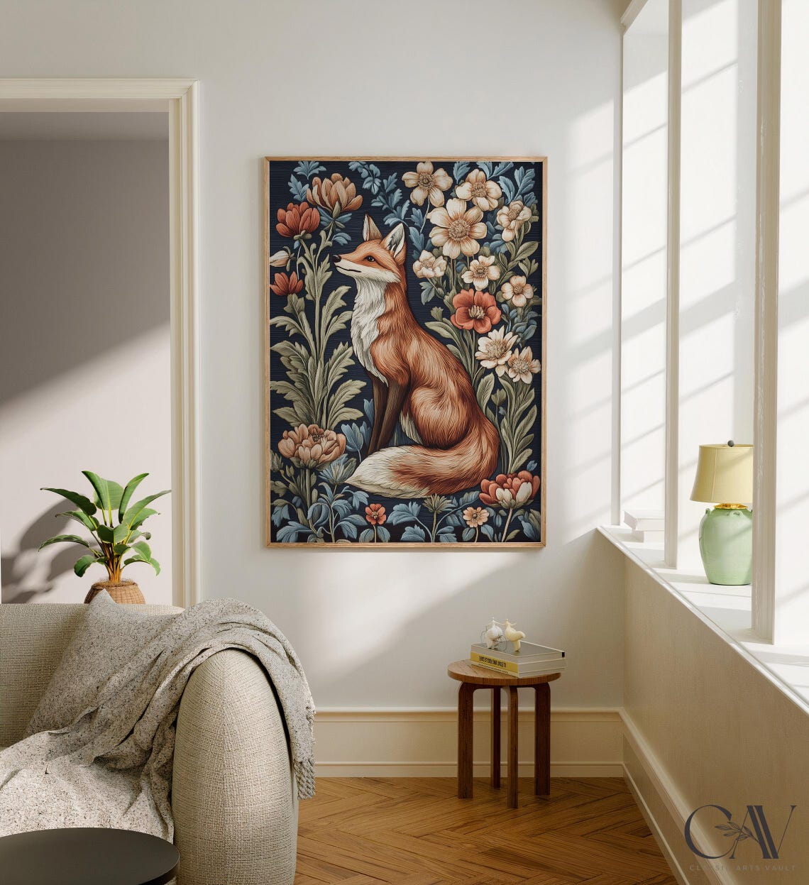 Red Fox Sitting Among Coral Flowers on Dark Navy Botanical Poster - Image 3