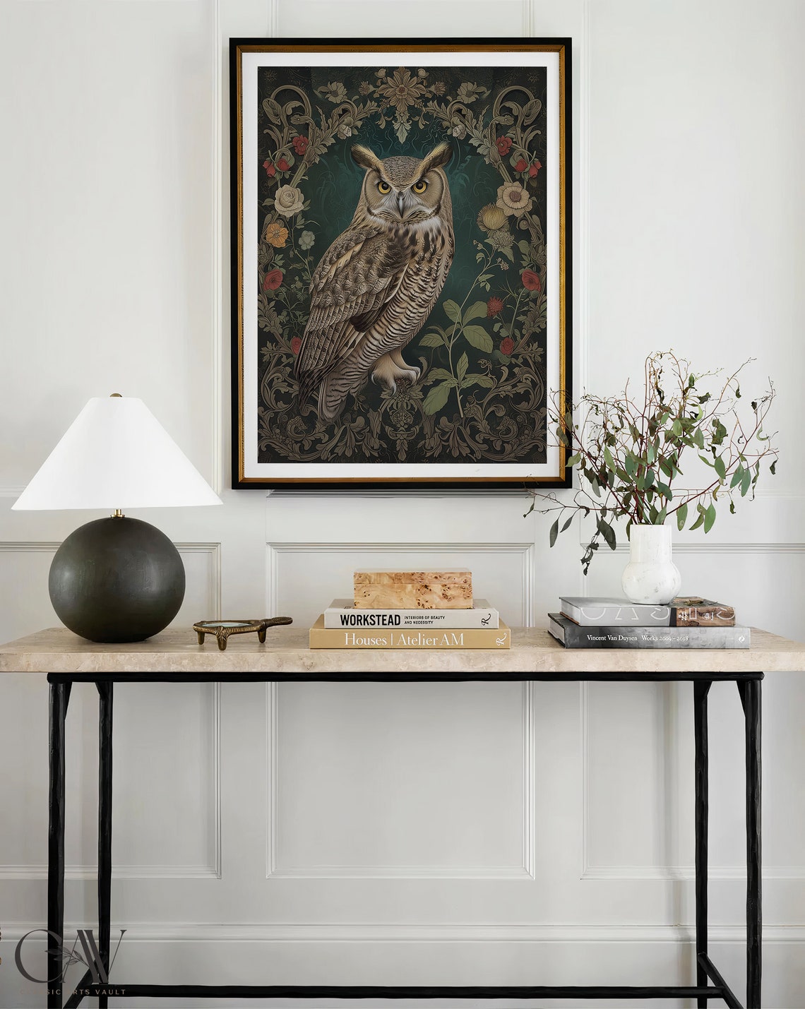 Great Horned Owl Centered In Ornate Dark Floral Frame Poster - Image 3