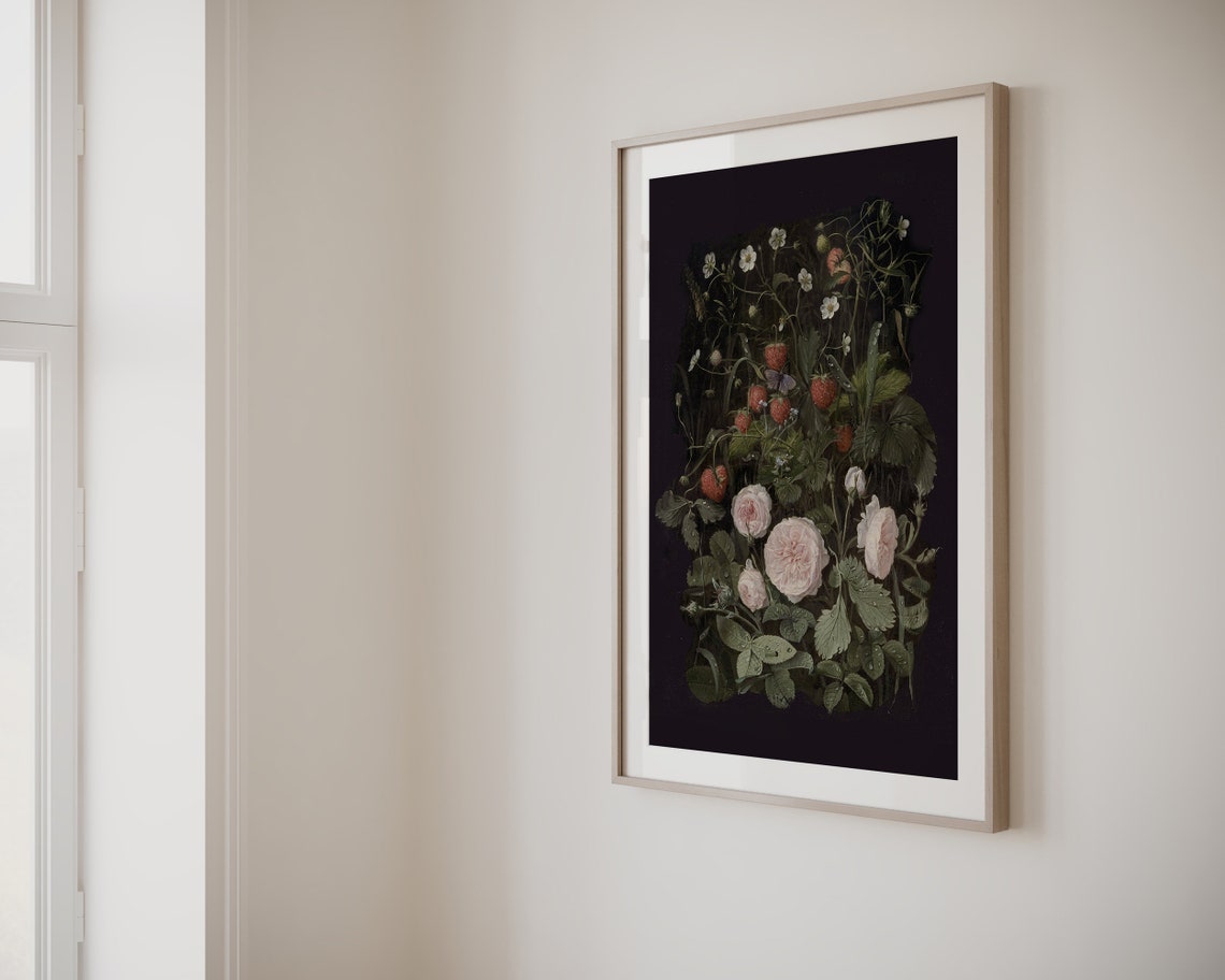 Dark Botanical Roses and Strawberries on Black Moody Art Print - Image 2