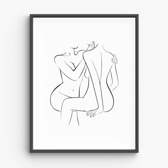Lesbians Erotic Line Art Print Adult Love Nudity Drawing Nude Minimalist Wall Bedroom