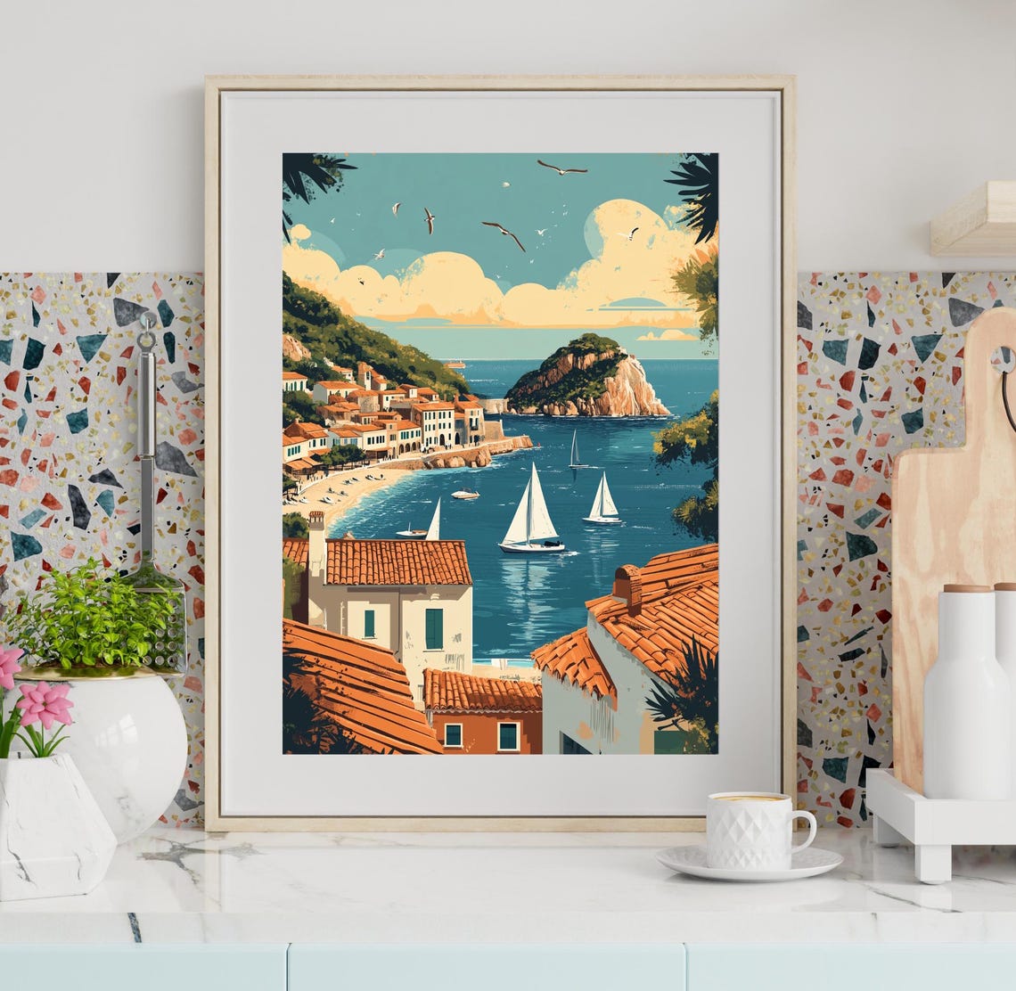 Sunny Mediterranean Seaside Village Retro Vintage Travel Poster