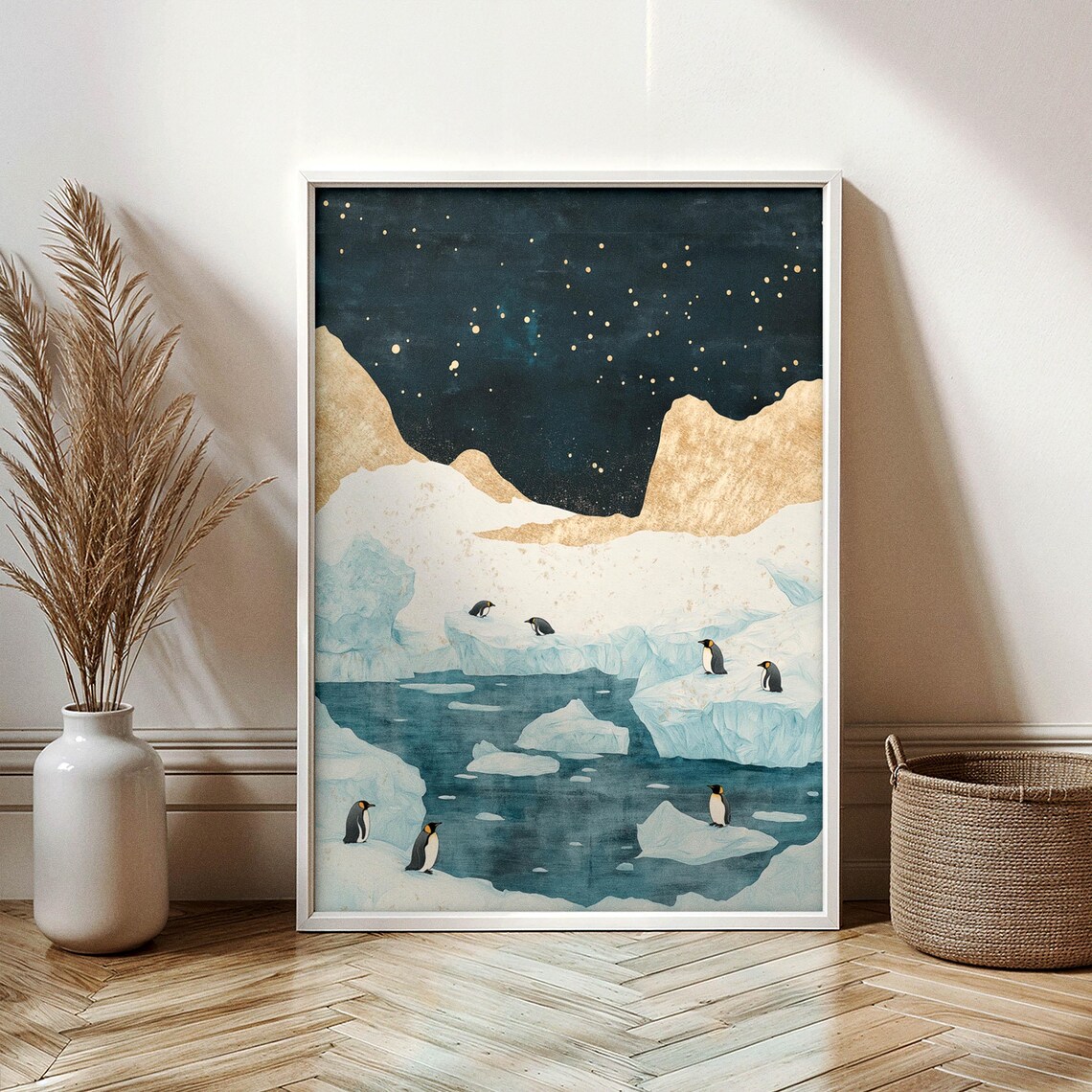 Penguin Arctic Celestial Gold Foil Art Print