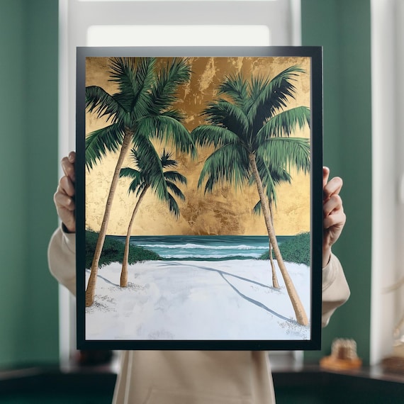 Tall Palm Trees On White Beach With Gold Sky Tropical Wall Art