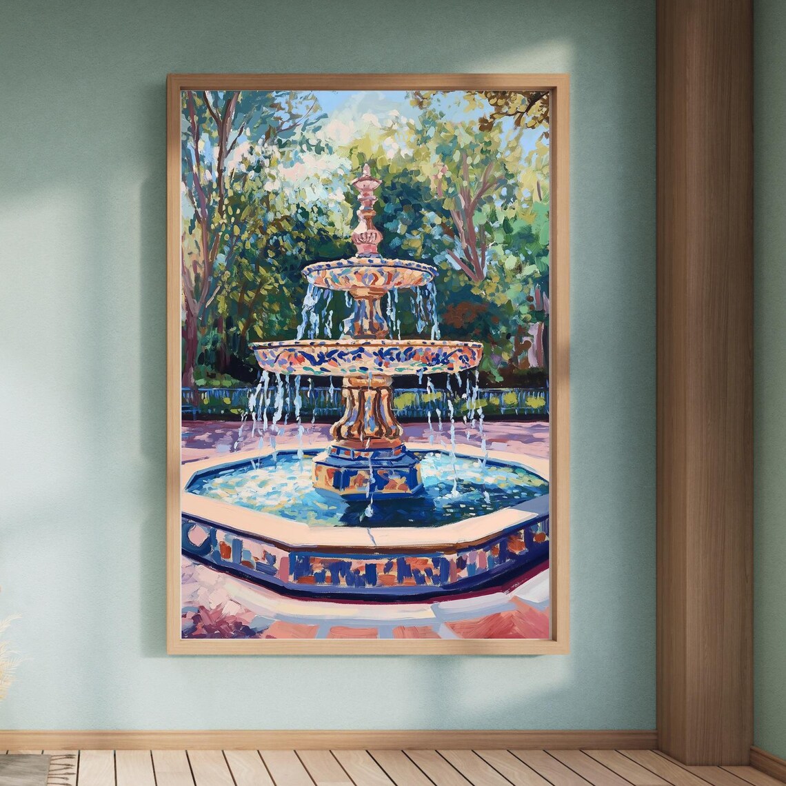 Colorful Tiled Fountain Garden Impressionist Painting Poster