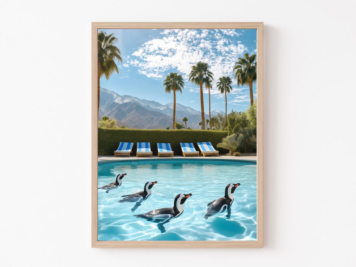 Five Penguins Swimming in a Resort Pool with Blue Sun Loungers Poster