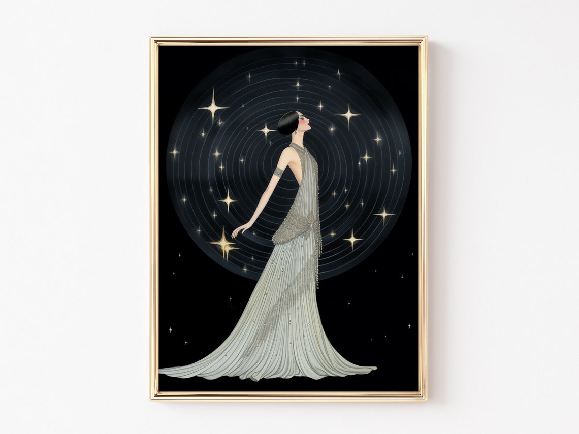 Art Deco Wall Art Vintage Poster Girl In The Night Starry Sky Roaring 20s Art Print