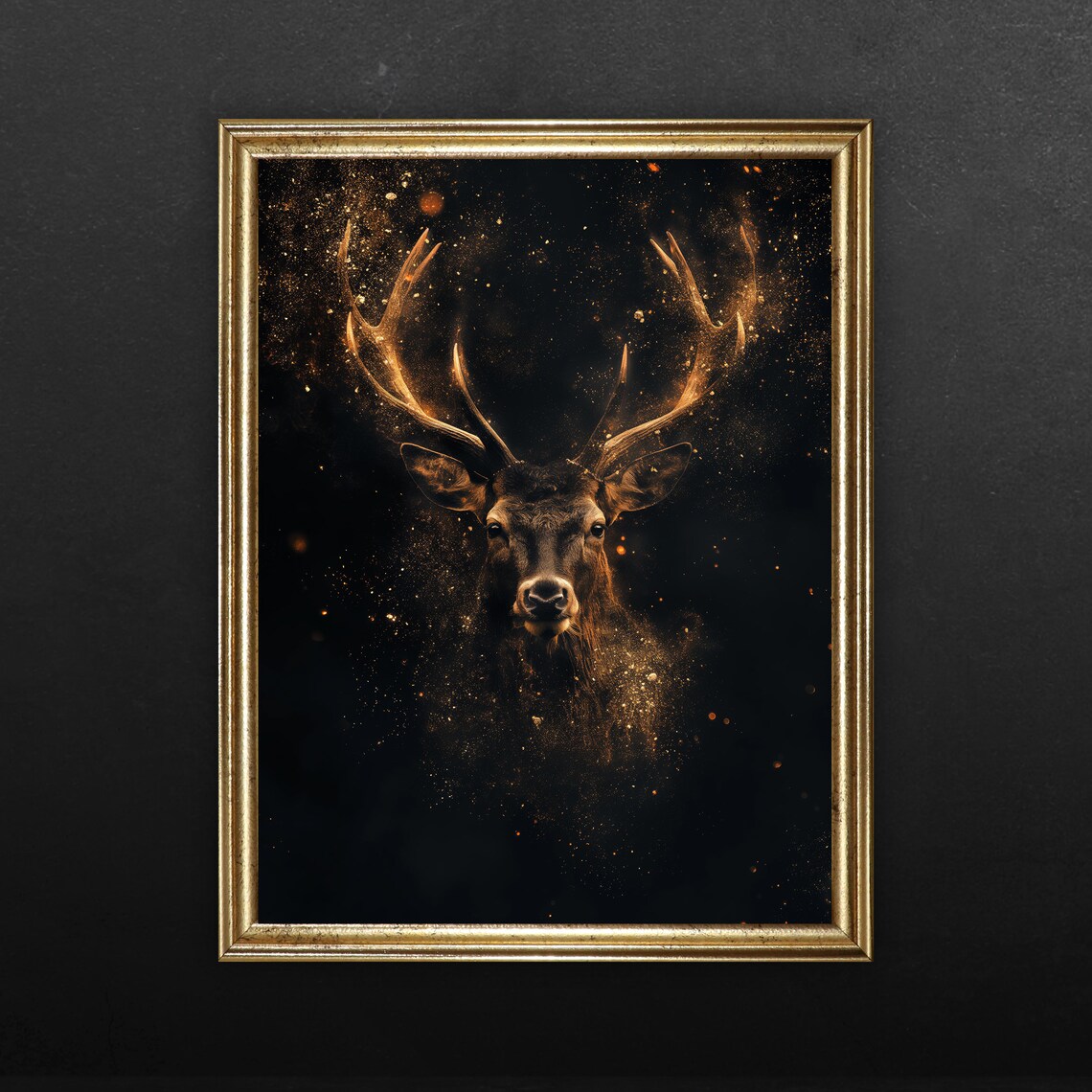 Majestic Stag With Glowing Golden Antlers Black Gold Wall Art - Image 2